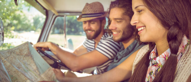 Group of friends in a car on a spring day trip in Georgia