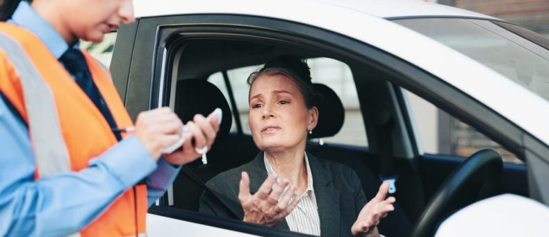 A concerned driver talks to a traffic officer writing notes beside her car, showing the stressful moment of receiving a speeding ticket in Georgia.