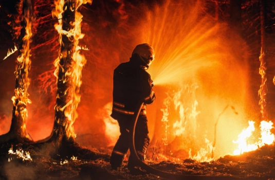 Firefighter directs water on flames of a wildfire