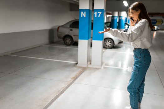 Stressed young woman on phone because her car is missing from its spot in the parking garage.