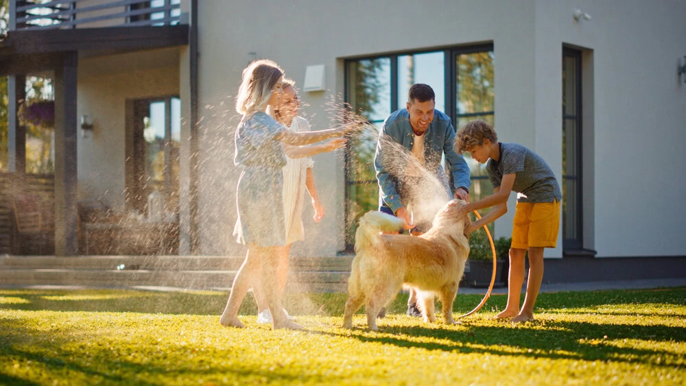 Family playing and enjoying the summer while getting wet with hose water