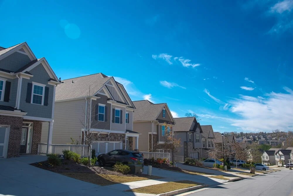 Quiet residential street of two-story houses in the suburbs of Atlanta, Georgia, USA. 