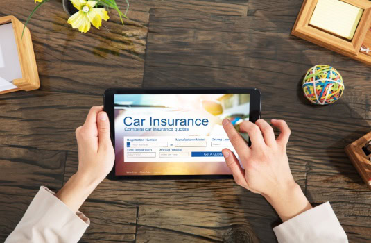 A picture of two female hands holding a small computer and looking at car insurance choices.