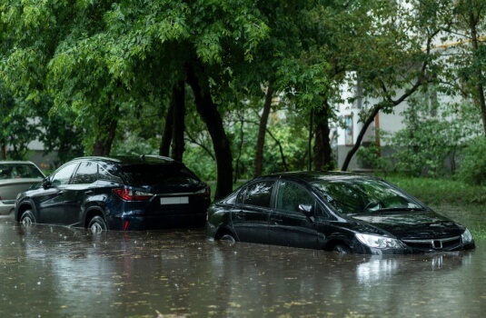 Flooded cars on the street of the city. Street after heavy rain. Water could enter the engine, transmission parts or other places. Disaster Motor Vehicle Insurance Claim Themed. Severe weather concept - cheap car insurance in Georgia.