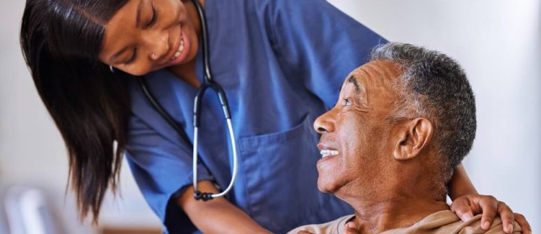 Help, support and wheelchair with nurse and old man for disability, rehabilitation or healing. Retirement, physiotherapy and healthcare with patient and black woman nursing home for medical caregiver, concept of long-term care life insurance.