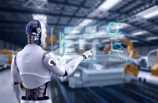 Automation automobile factory with 3d rendering robot assembly line manufacture ev car controlled by humanoid cyborg.