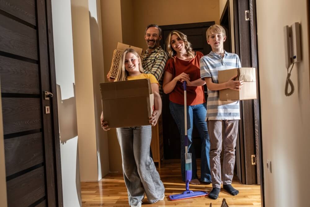 A smiling family of four standing in the hallway of a new apartment carrying moving boxes and a mop, representing the start of a new lease and the importance of choosing the right renters policy deductibles.