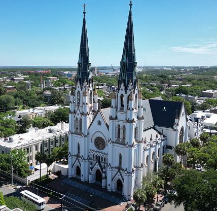 View of St John's episcopal church in historical district of Savannah. Georgia.