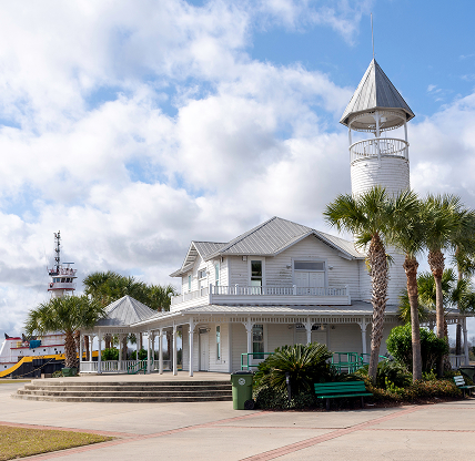 Brunswick, Georgia, USA - Feb 4th, 2022: A historic building seen at Mary Ross Park, home of a local farmer's market and the annual Brunswick Stewbilee.