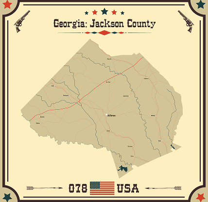 Large and accurate map of Jackson County, Georgia, USA with vintage colors - cheap car insurance in Georgia.