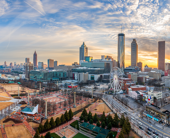 Atlanta, Georgia, USA downtown skyline at dawn.
