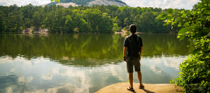 Trekking at Indian Island, East Lake in Stone Mountain Park, Georgia. Not only the iconic summit, there are many zones in the area such as East Lake, Park Central, Yellow Daisy, South Woods, West Lake - cheap car insurance in Georgia.
