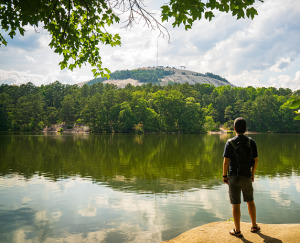 Trekking at Indian Island, East Lake in Stone Mountain Park, Georgia. Not only the iconic summit, there are many zones in the area such as East Lake, Park Central, Yellow Daisy, South Woods, West Lake - cheap car insurance in Georgia.