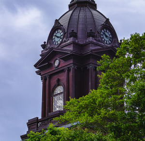 The Clocktower of Newnan, Georgia courthouse behind trees with blue sky – cheap car insurance in Georgia.