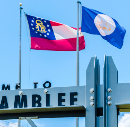 Chamblee, Georgia, USA - June 10, 2014: A welcome sign hangs outside Chamblee City Hall in Chamblee, Georgia.