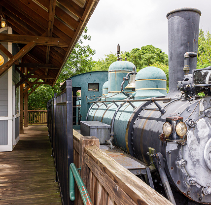 McDonough, GA / USA - June 9, 2019: An H.K. Porter Steam Engine, similar to one involved in a train crash in 1900, stands on static display at Heritage Park Village.