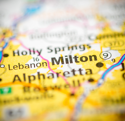 Close-up map highlighting Milton, Georgia and nearby cities in north Fulton County