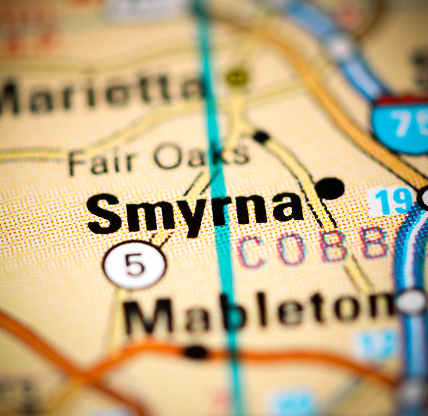 Close-up map highlighting Smyrna, Georgia and surrounding roads in the Atlanta metro area