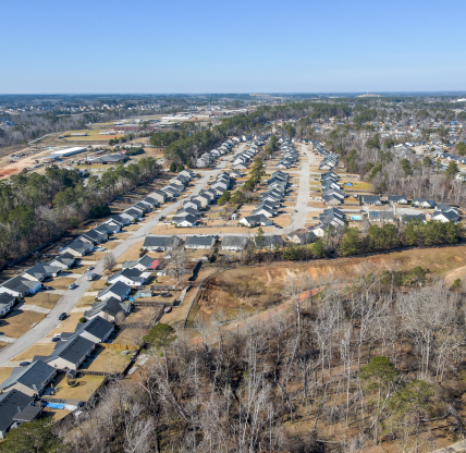 Aerial landscape Grovetown suburb neighborhood winter after Hurricane Helene in Augusta Georgia USA